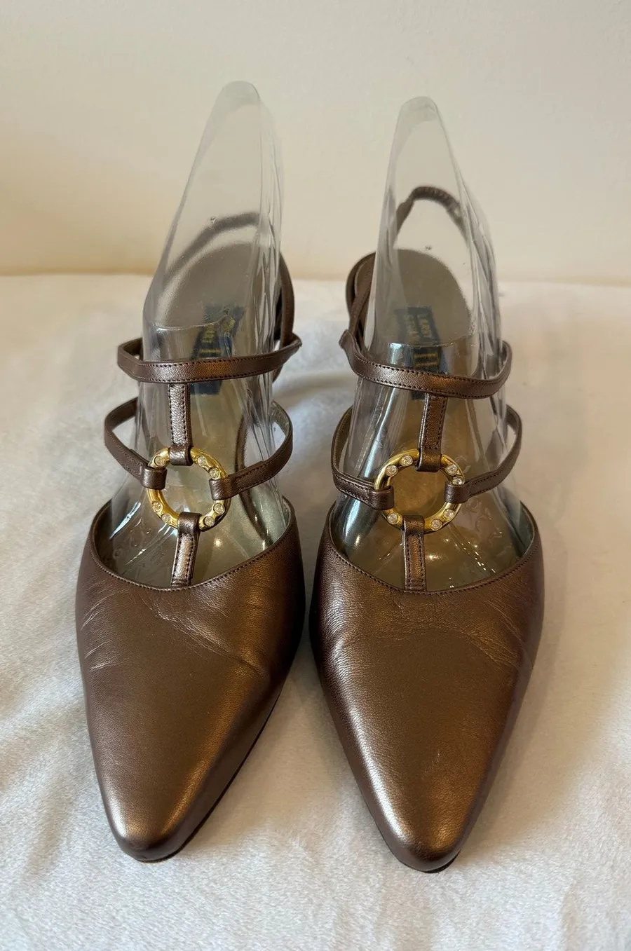 Vintage Larry Stuart Slingback Pumps Shoes Women Size 8.5 Brown Gold leather