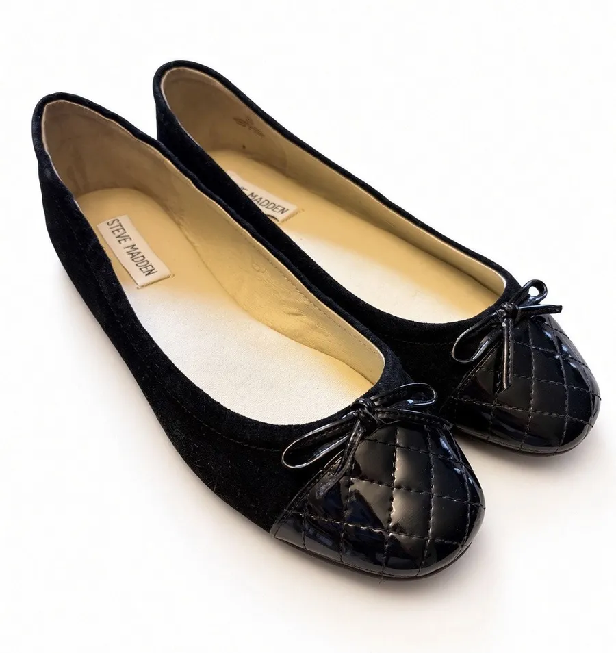 Steve Madden Tipie Black Suede Ballet Flats Quilted Patent Toe Bow Sz 7