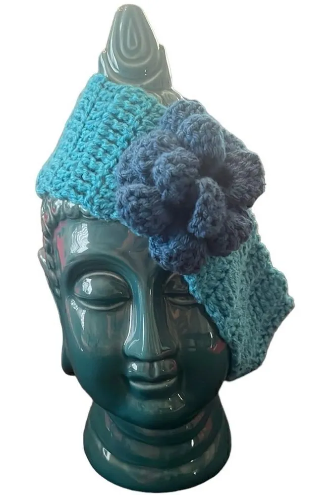 NWT Angelas Designs hand crocheted ear warmer headband with double flower Blue