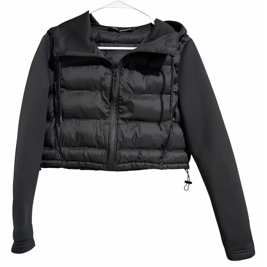 ZARA Cropped Puffer Hooded Lightweight Jacket Black Women's Size Medium
