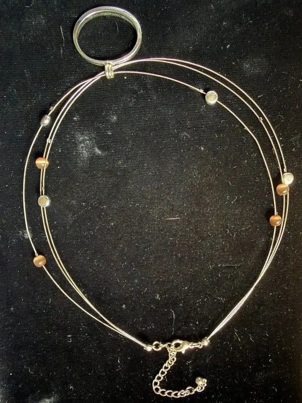 Silver 3 Strand Wire Necklace Cat Eye Bead Oval Pendant
