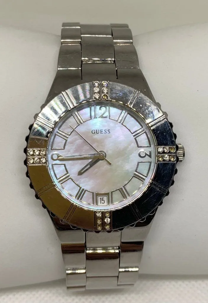 Guess Watch Womens 35mm Silver Tone G95469L rhinestones mop dial running