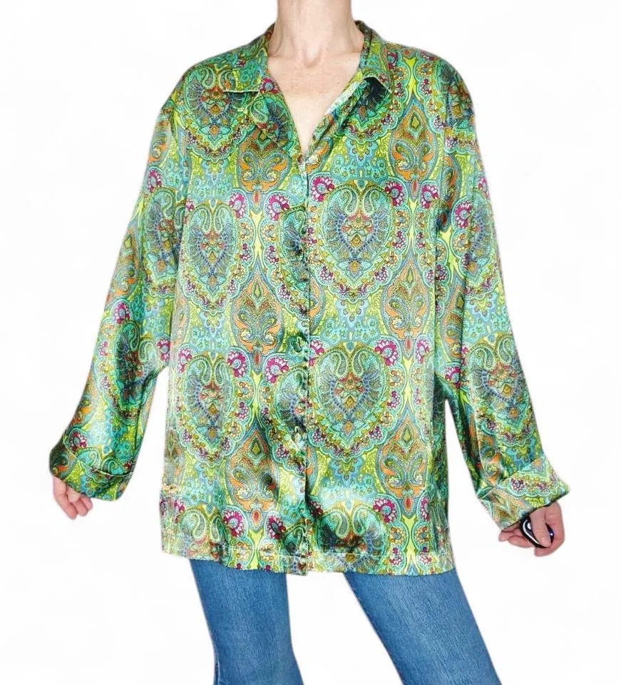 Vintage Y2K Victoria’s Secret Green Abstract Button Down Sleepwear Shirt