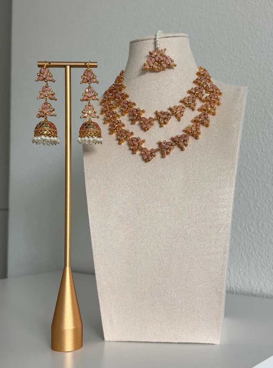 Pink Necklace Set with Tikka and Earrings Gold