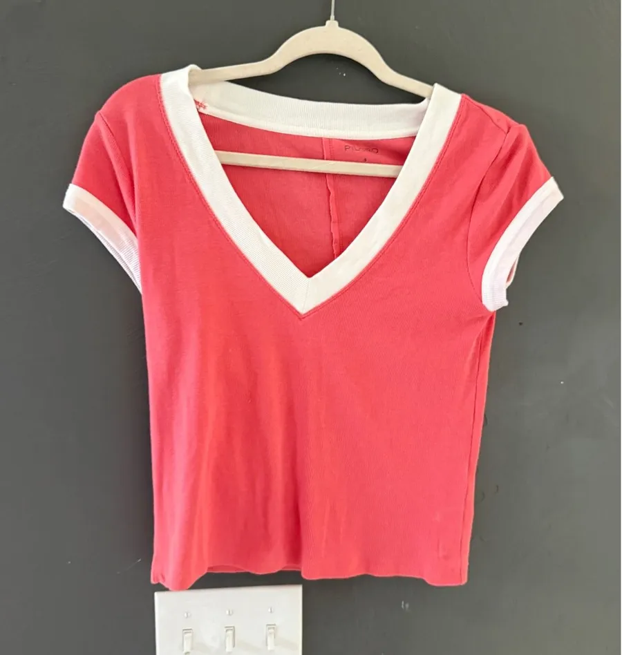 Pilcro Womens Coral Pink Ribbed V-Neck Ringer Tee Short Sleeve Top Small