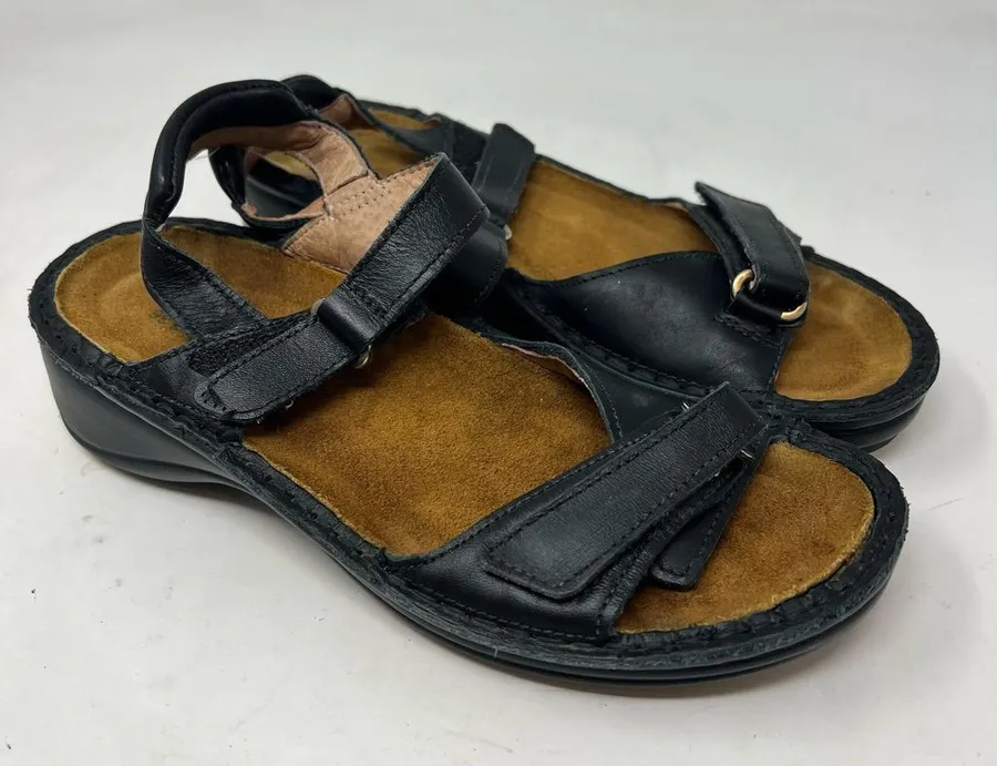 NAOT Black Leather Strappy Comfort Sandals Cork Footbed EU 36 Womens 5