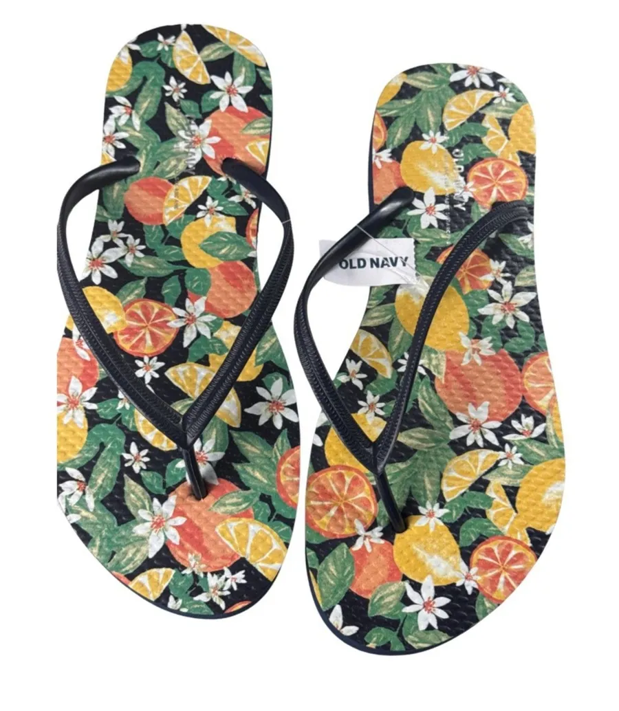 Old Navy Women's Black-Strap Flip Flops with Citrus Floral Print Sz 7 New
