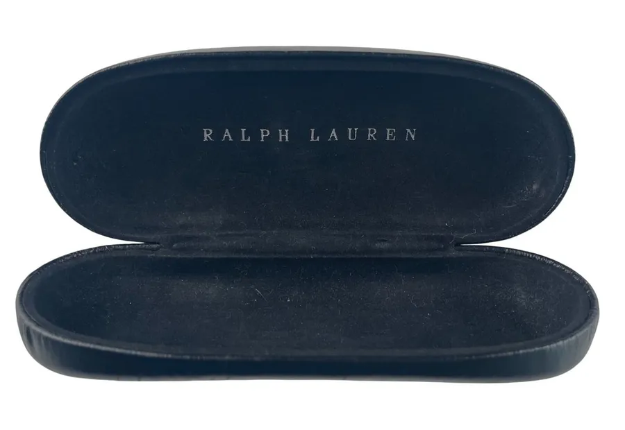 Ralph Lauren Navy Blue Hard Shell Eyeglass Case Faux Leather Clamshell Logo