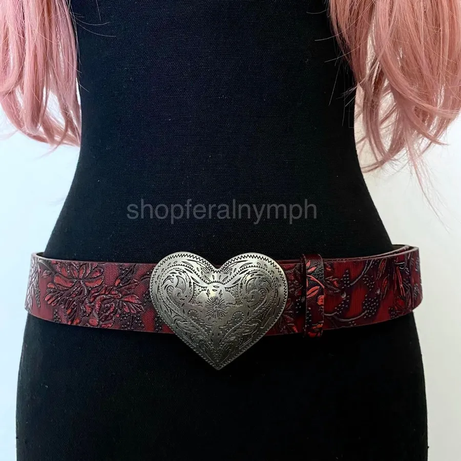 Burgundy Red Western Floral Heart Buckle Belt, Fits 33.5