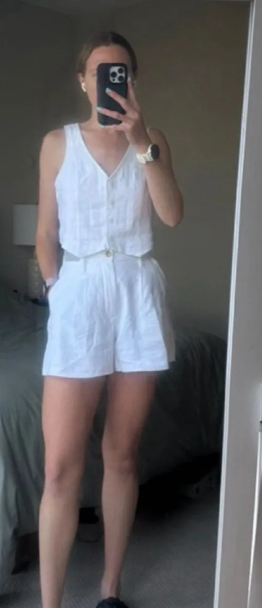 Hollister White Linen Button-Front Tank & High-Waist Shorts Set