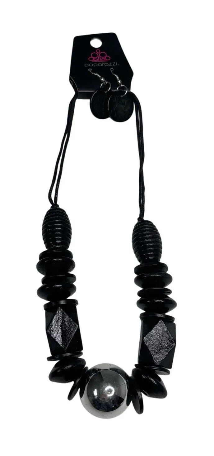 Paparazzi Cord Wood Bead Chunky Necklace, Matching Earring Set Black