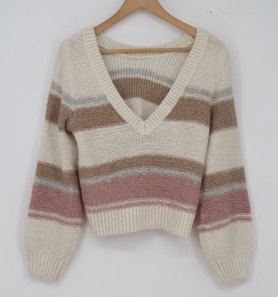 Abercrombie & Fitch Sweater Womens L Striped V-Neck Balloon Sleeve Cream Exc