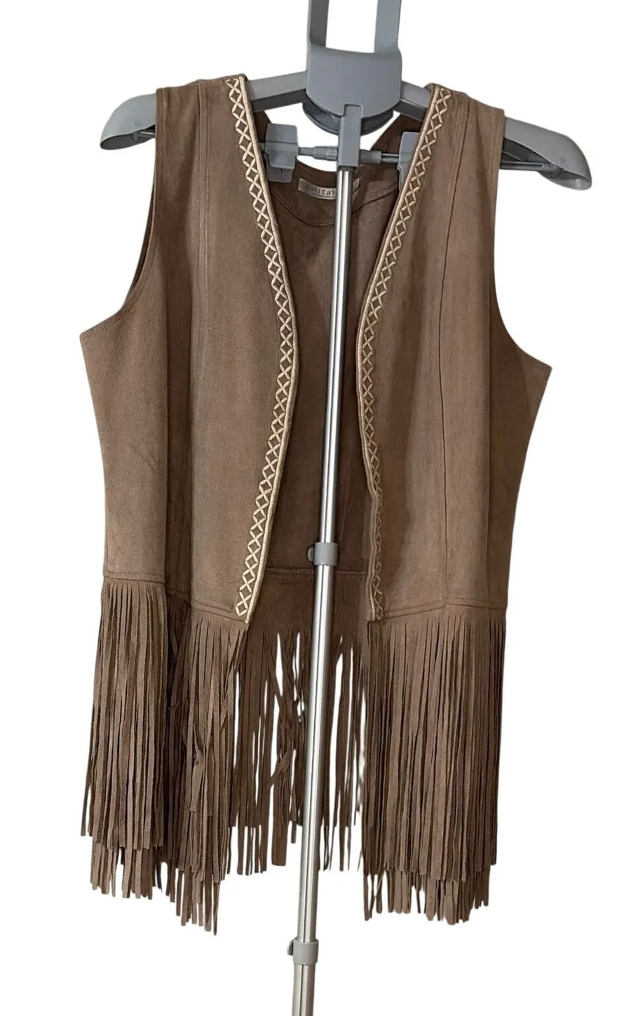 Solitaire Faux Suede Fringe Vest Brown Whipstitch Open Front XL 15