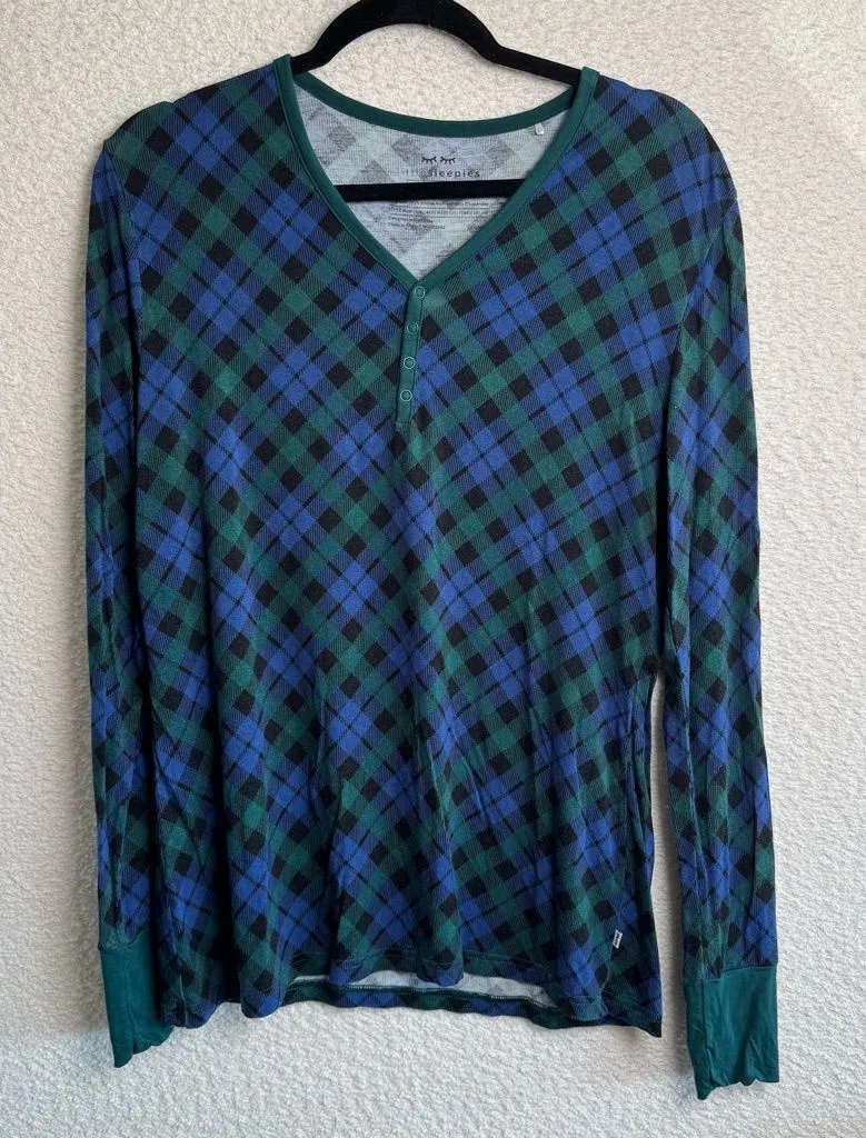 Little Sleepies Bamboo Women’s Navy Green Tartan Plaid Pajama Top Size Small