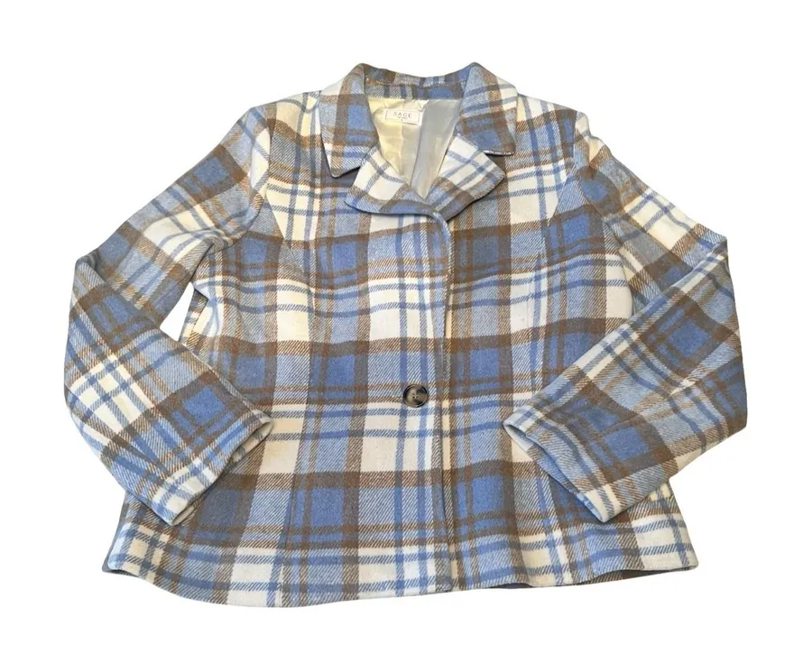 Sage The Label Blue Brown Plaid Single Button Blazer Jacket LC152061 Womens M
