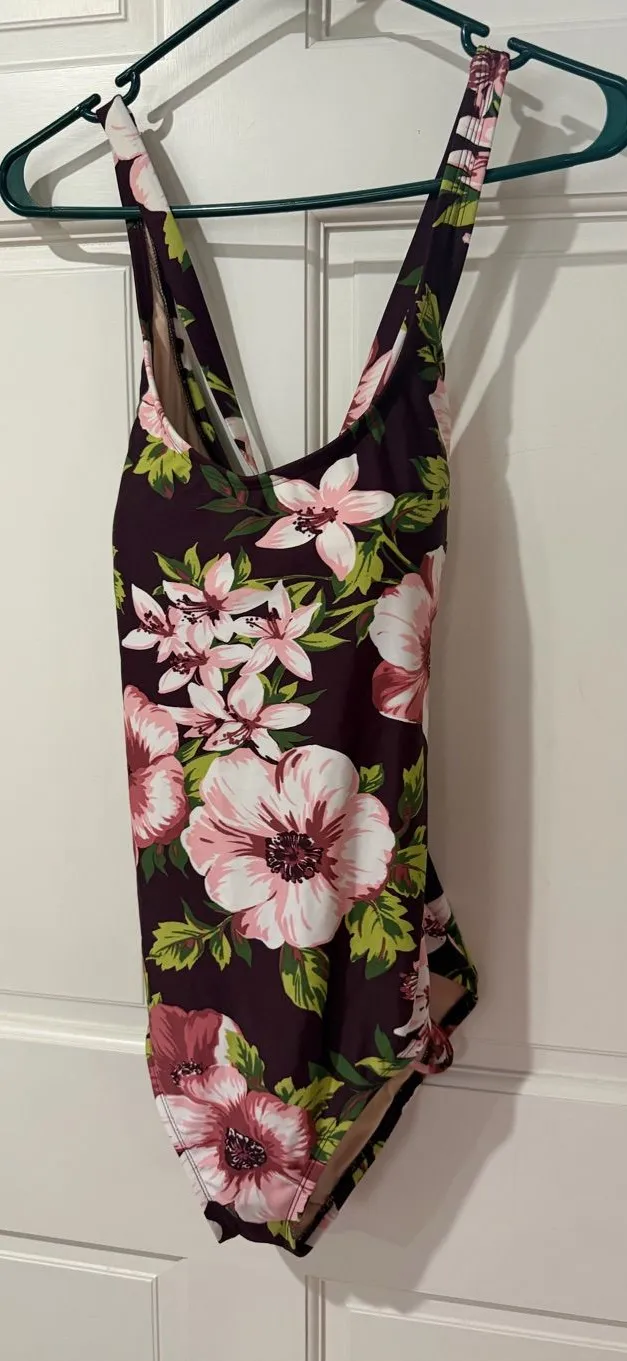 Kona Sol Floral One-Piece Swimsuit in Plum with Pink & Green Flowers Size Large