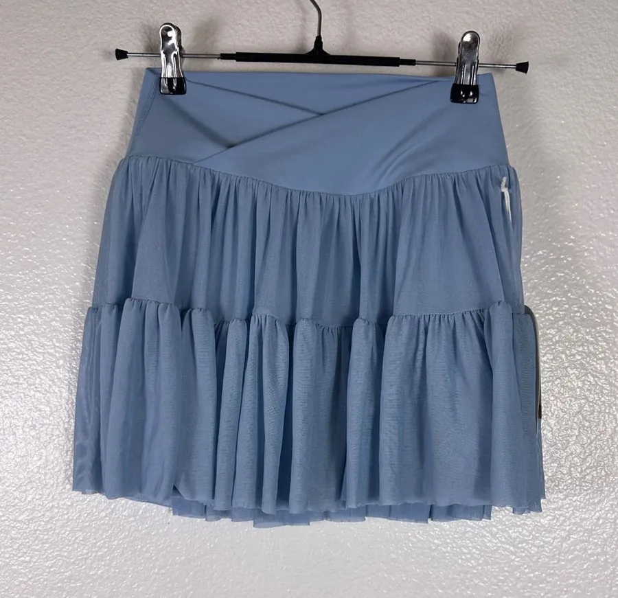 Blogilates Ballerina Skort Light Blue Crossover Waist Mesh Tiered Skirt Small