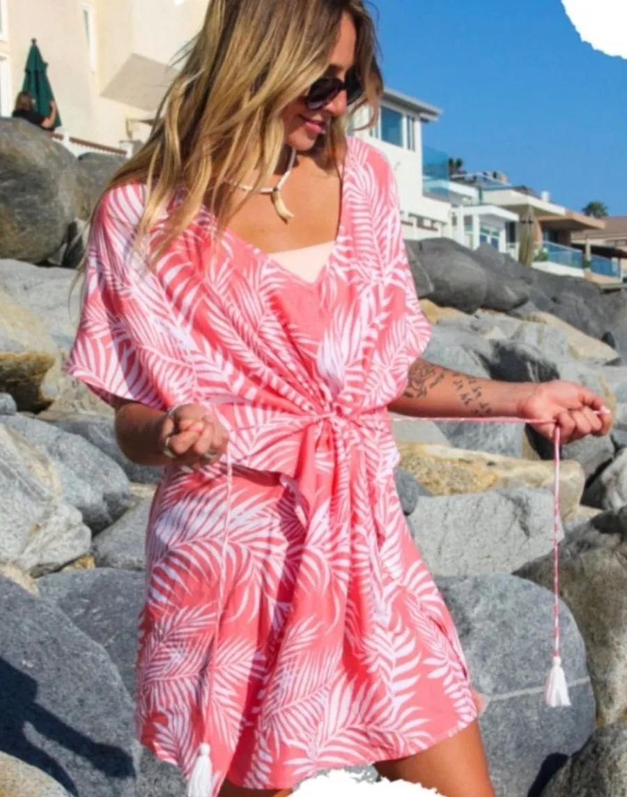 Cleobella Dreamy Sunset Beach Coverup Coral Pink Palm Leaf Print Kaftan Swim OS