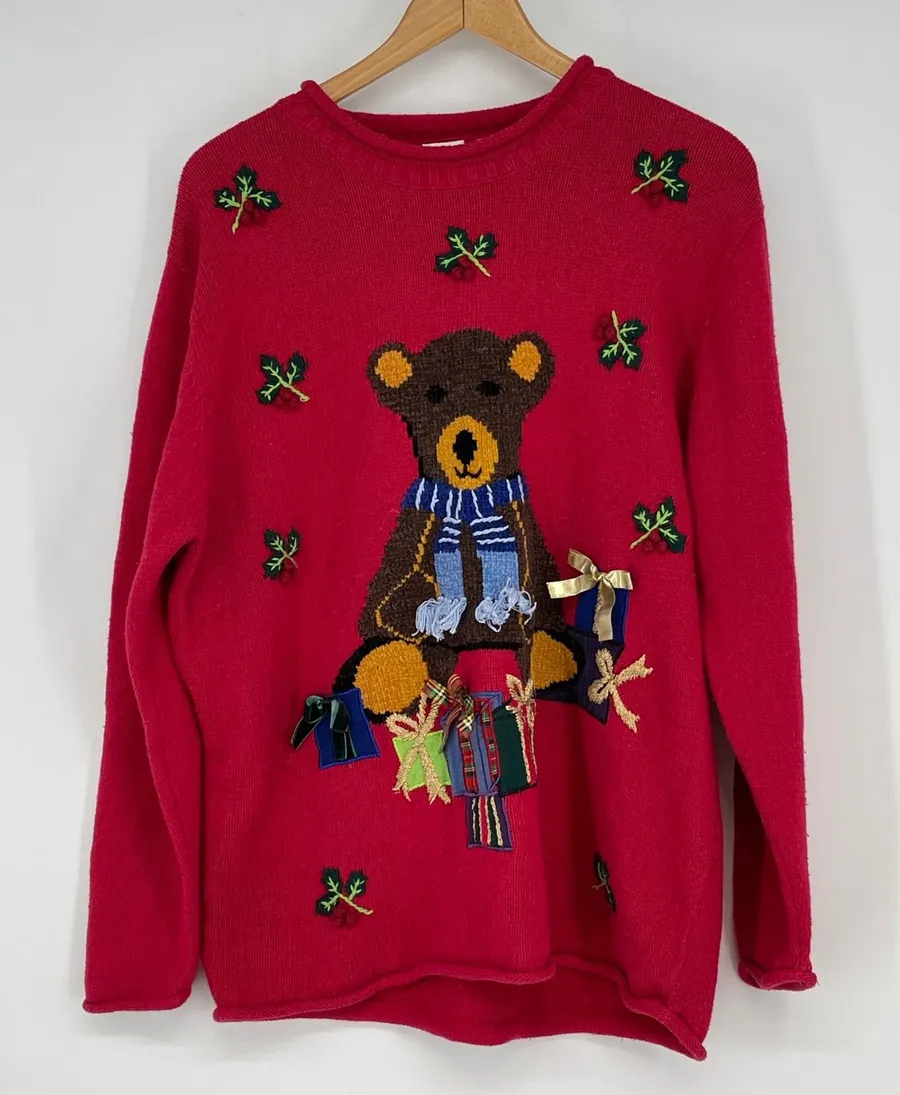 Cherokee Red Teddy Bear Christmas Holiday Present Sweater Womens XL Uique