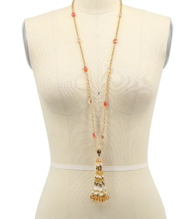 Jay Strongwater Gold Tone Pink & Golden Crystals Tassel Long Toggle Necklace