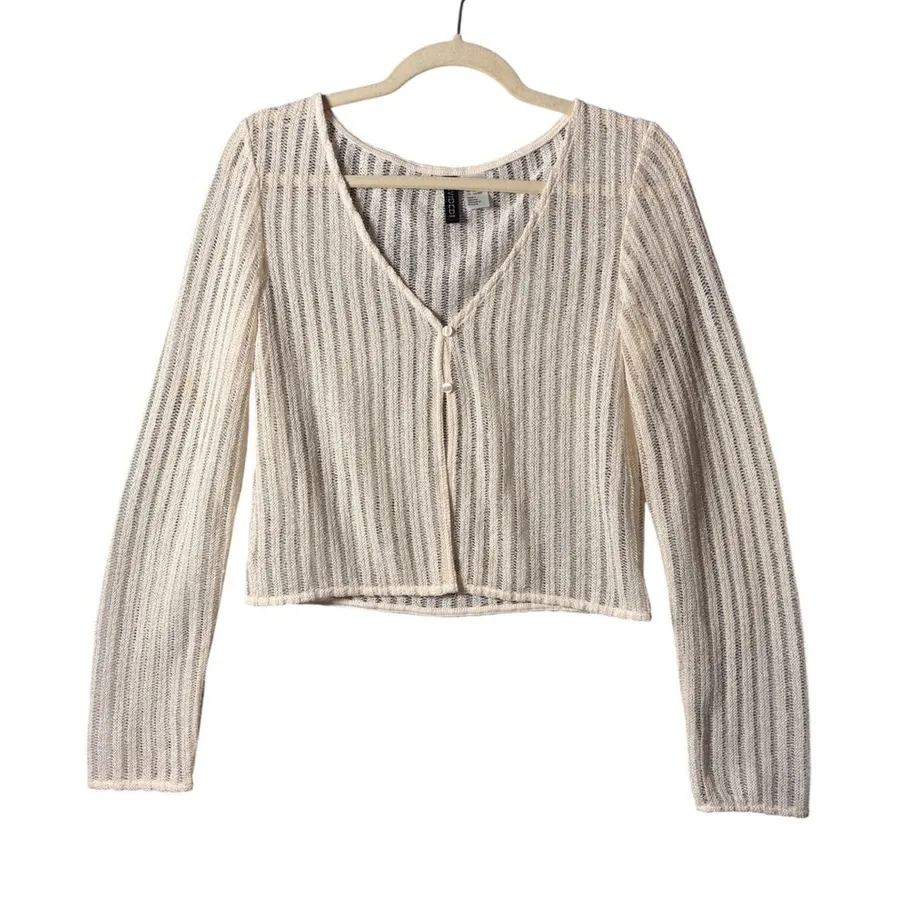 Cream Pointelle Open Knit Cardigan S Cropped Coquette Boho Neutral Cottagecore