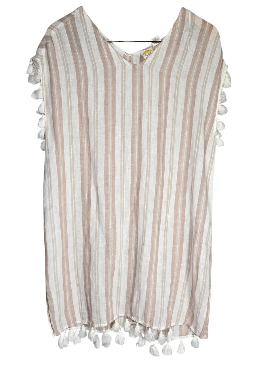 C&C California Womens Linen Blend Striped Tassel V-Neck Swim Cover Up Dress M