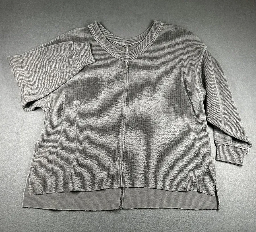 Aerie Waffle Knit Sweater Womens XL Gray V Neck 3/4 Sleeve High Low Oversized