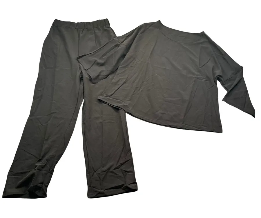 Womens Black 2 Piece Lounge Set Textured Crepe Wide Leg Pants & Oversized Top S
