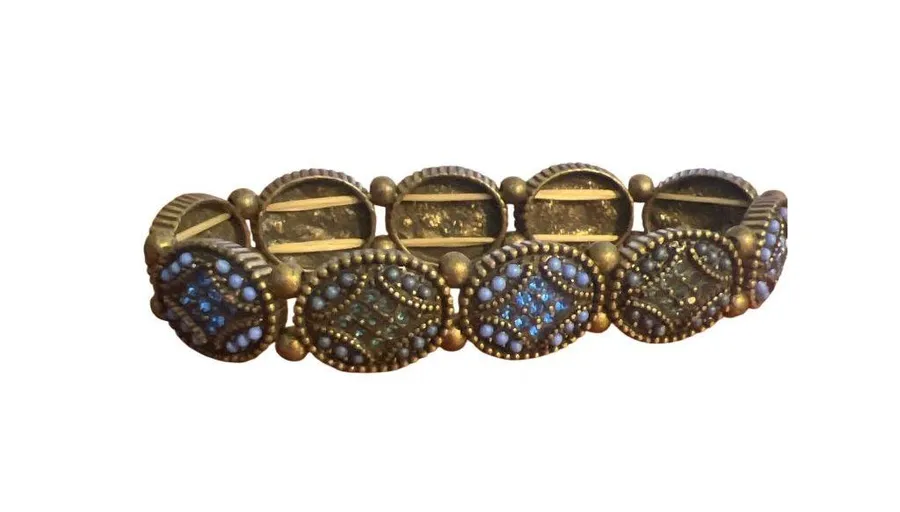 Vintage Brass Stretch Panel Stretch Bracelet Blue Rhinestones Seed Beads 7"