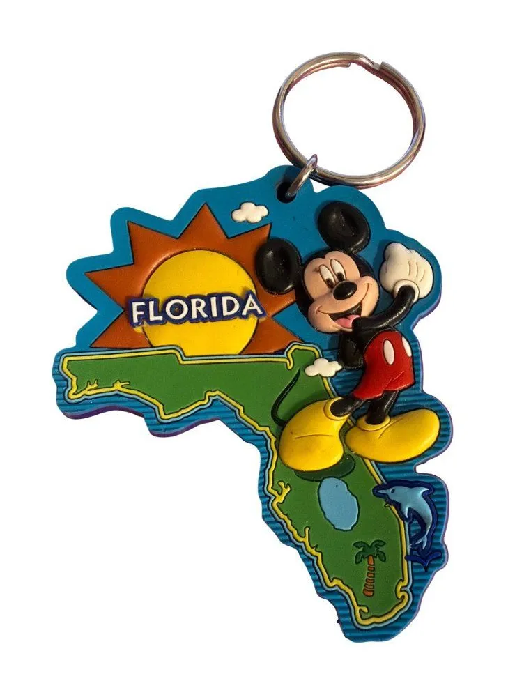 Disney Florida Map Mickey Mouse Rubber Keychain Lasercut Sunshine 4.25"