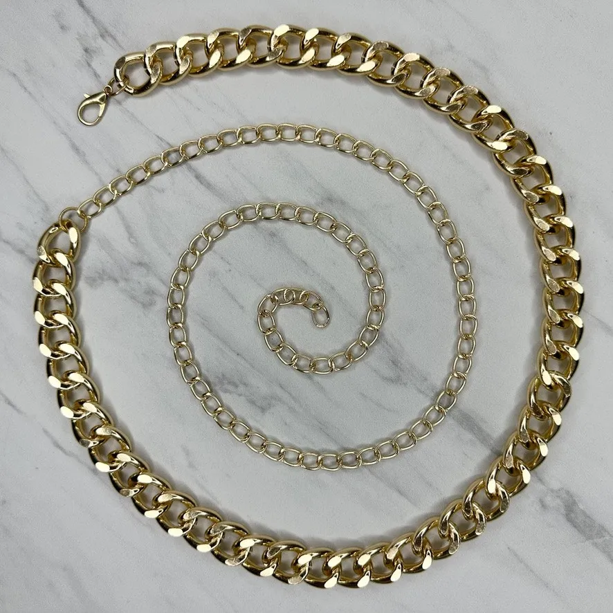 Womens Chunky Gold Tone Metal Chain Link Belt Adjustable Y2K OS ✨
