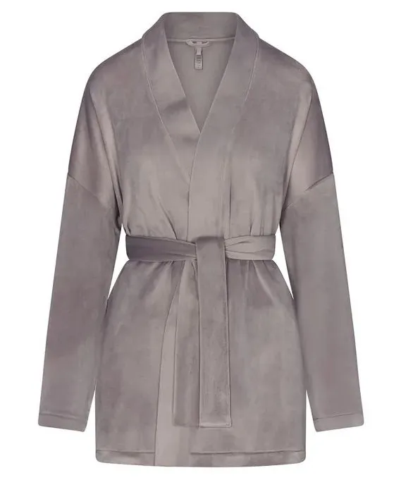 SKIMS velour Women's Gray short Robe in smoke color size small NWT NO TIE STRING
