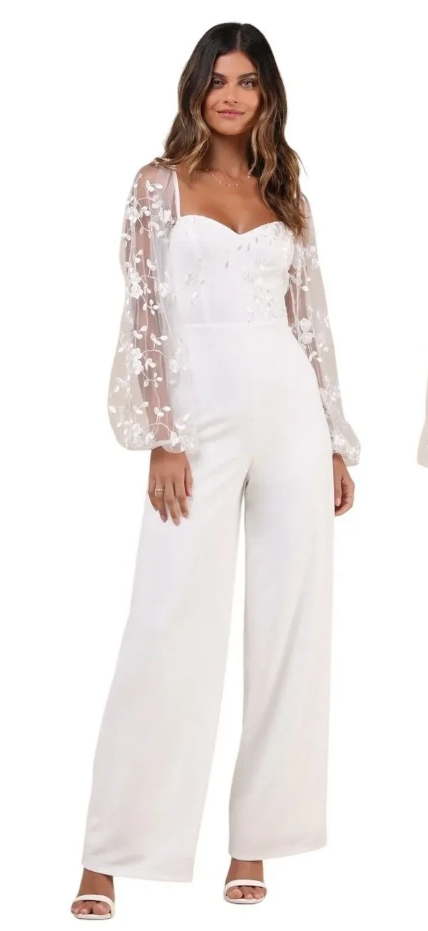 Lulus Darling Charisma White Mesh Embroidered Jumpsuit 9J2773 XS Wedding Bridal