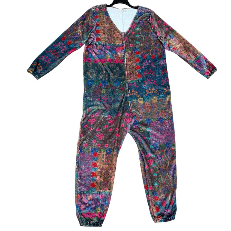 Natural Life Floral Soft Fleece Pajama Jumpsuit Large Zip-up Boho Cozy Colorful