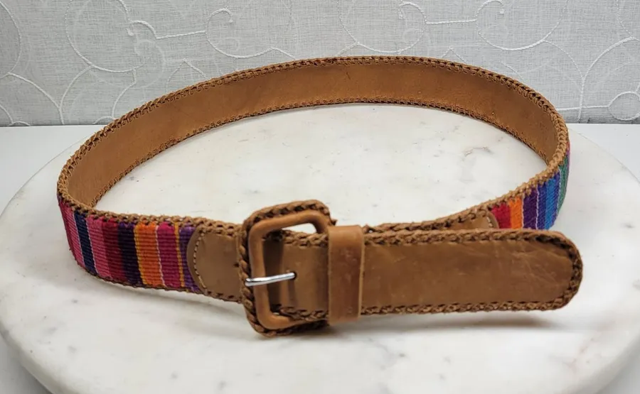 Vintage Guatemalan Woven Textile Leather Belt Sz M Multicolor Handmade Boho Folk Tan Size M