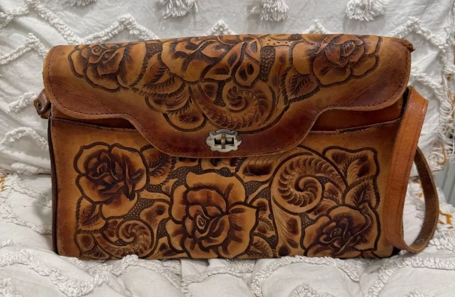 Vintage Beautiful Floral Hand Tooled Leather Bag
