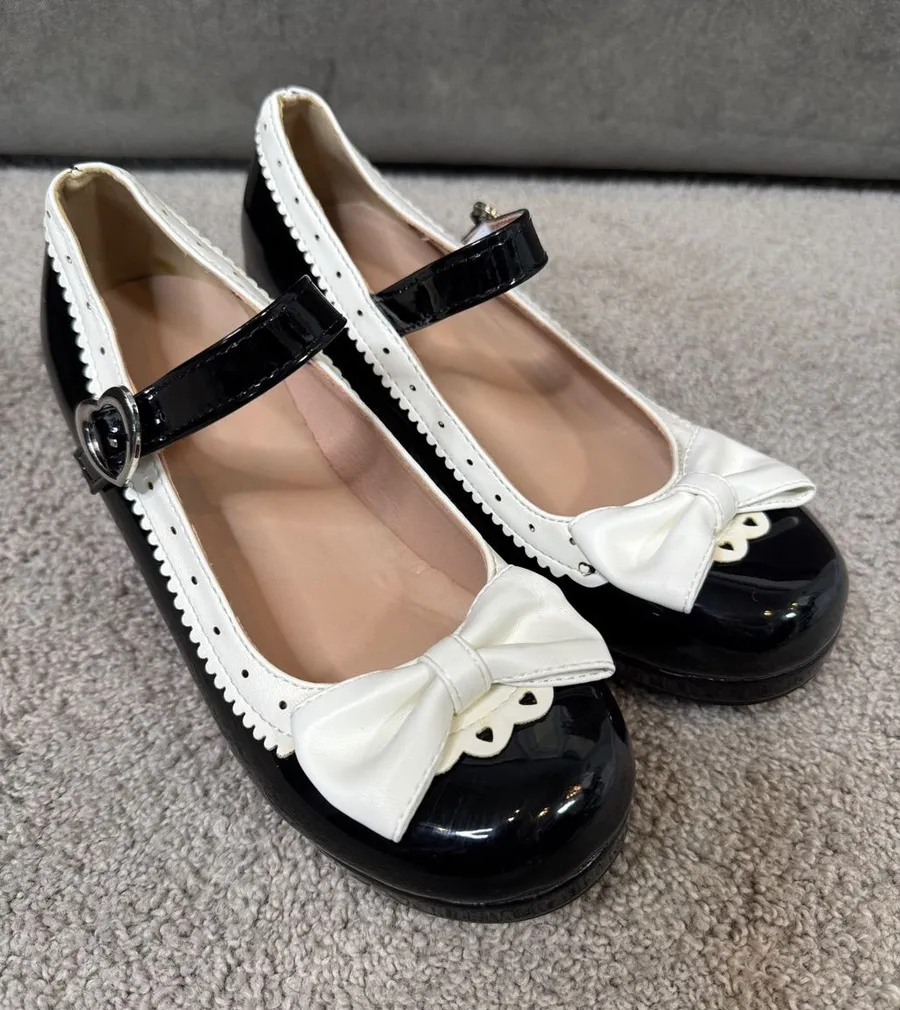 Women’s Black Chunky Heel Mary Jane Pumps Cute Bow & Hearts Round Toe Size 6 NEW Black