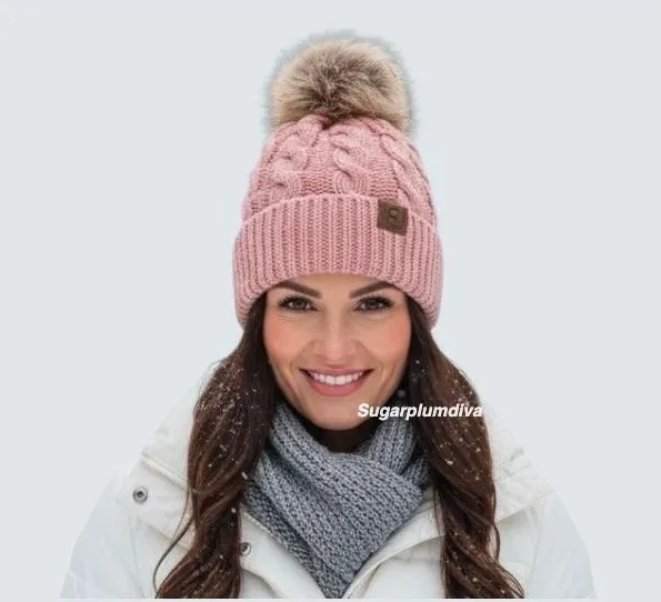 Winter Cozy Warm Pom Pom Pink Beanie Hat Knit Fleece Lined Slouchy Skiing NWT
