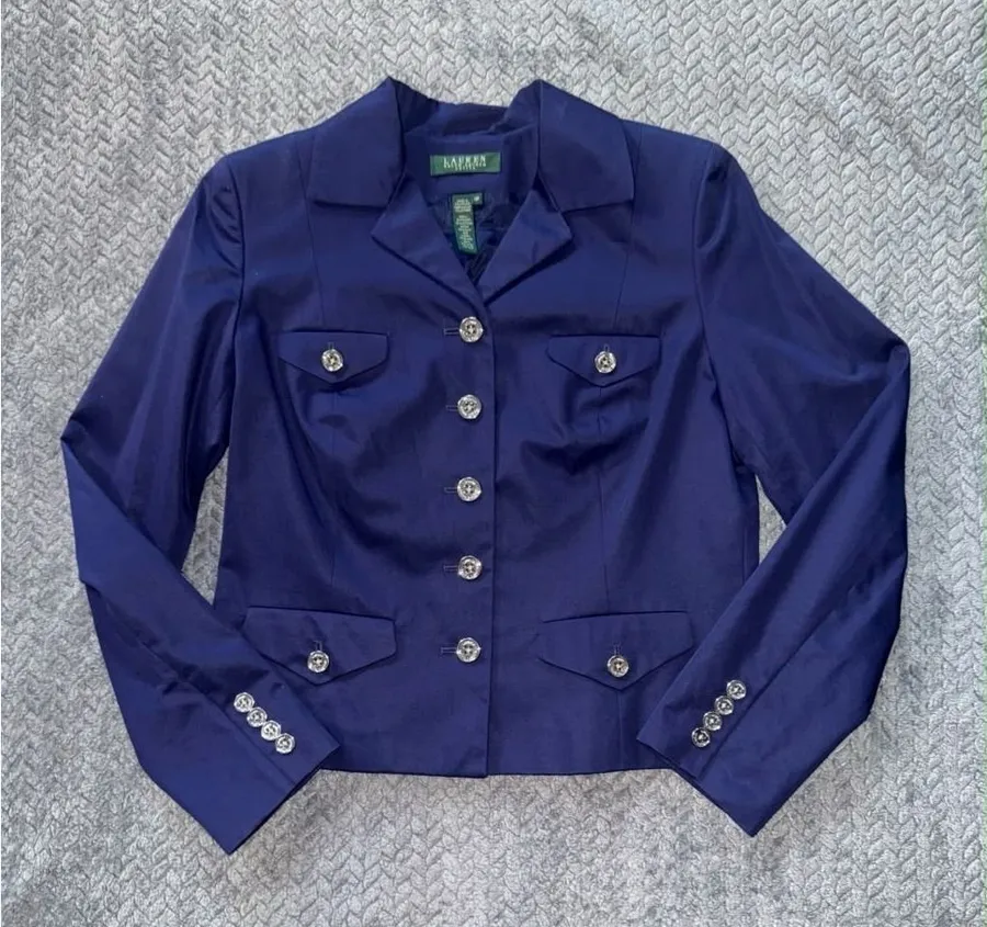 Lauren Ralph Lauren Women's Notch Collar Polished Button Blazer Blue Size 10 P