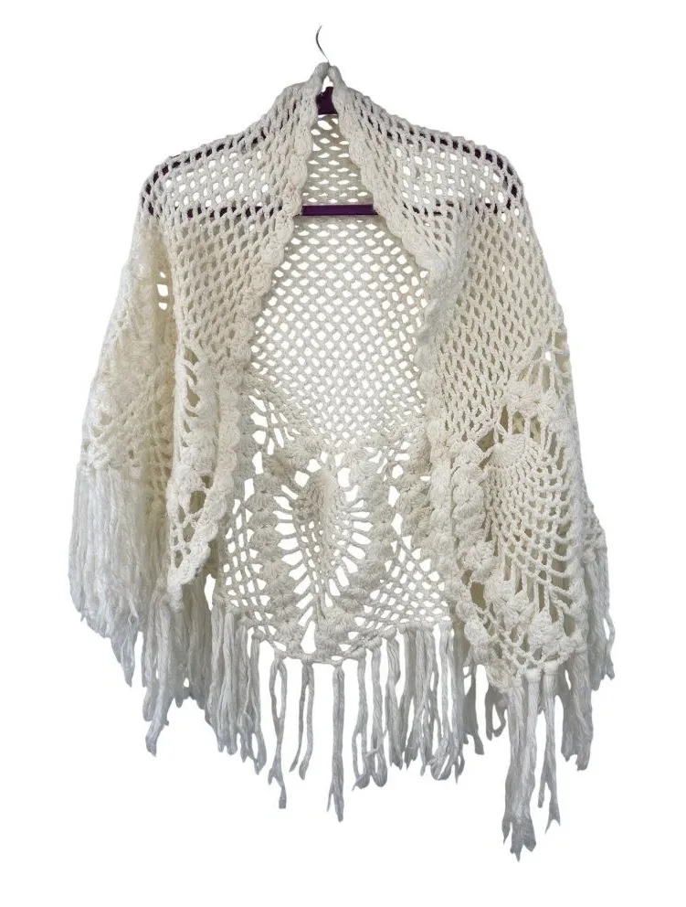 Vintage Pineapple Crochet Shawl Fringe Wrap Ivory Boho Festival One Size