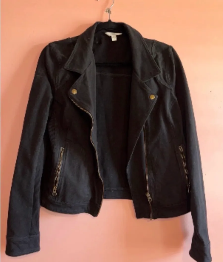 Time and Tru Black Moto Jacket with Gold-Tone Hardware