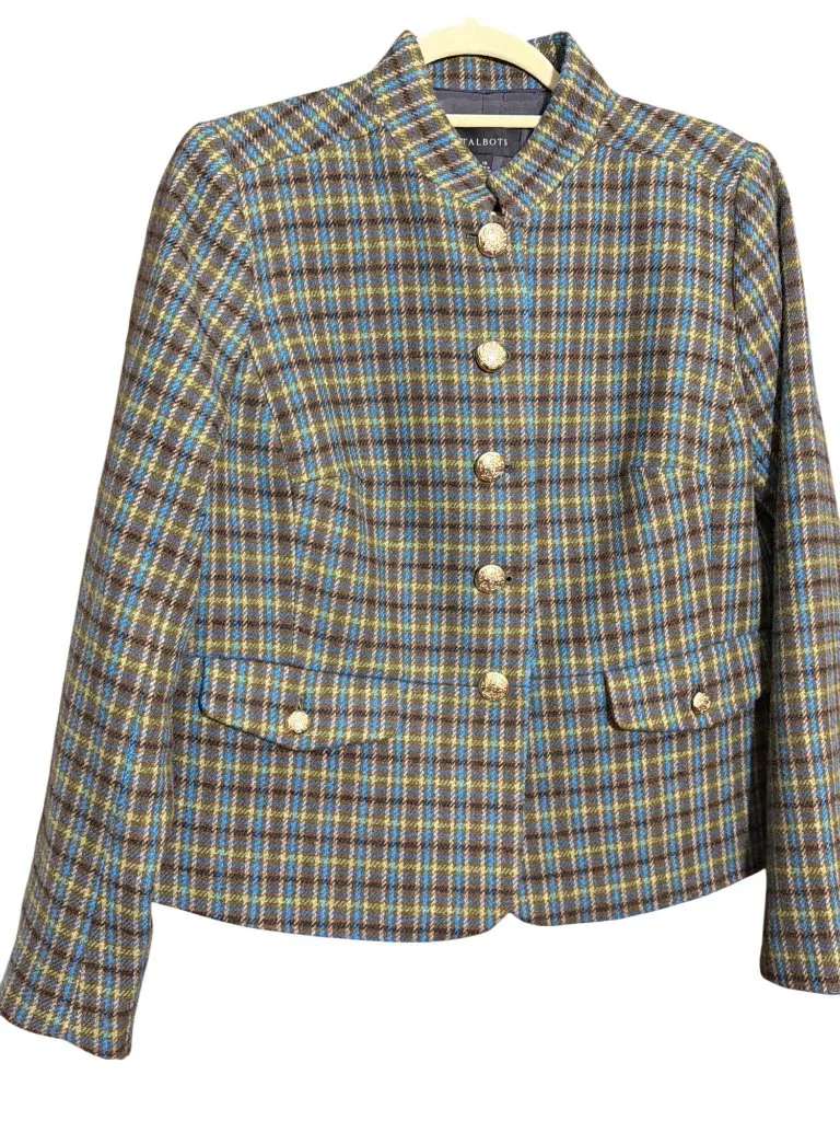 Talbots Shetland Officer Jacket Green Apple Plaid Gold Buttons Wool Blend Sz 10