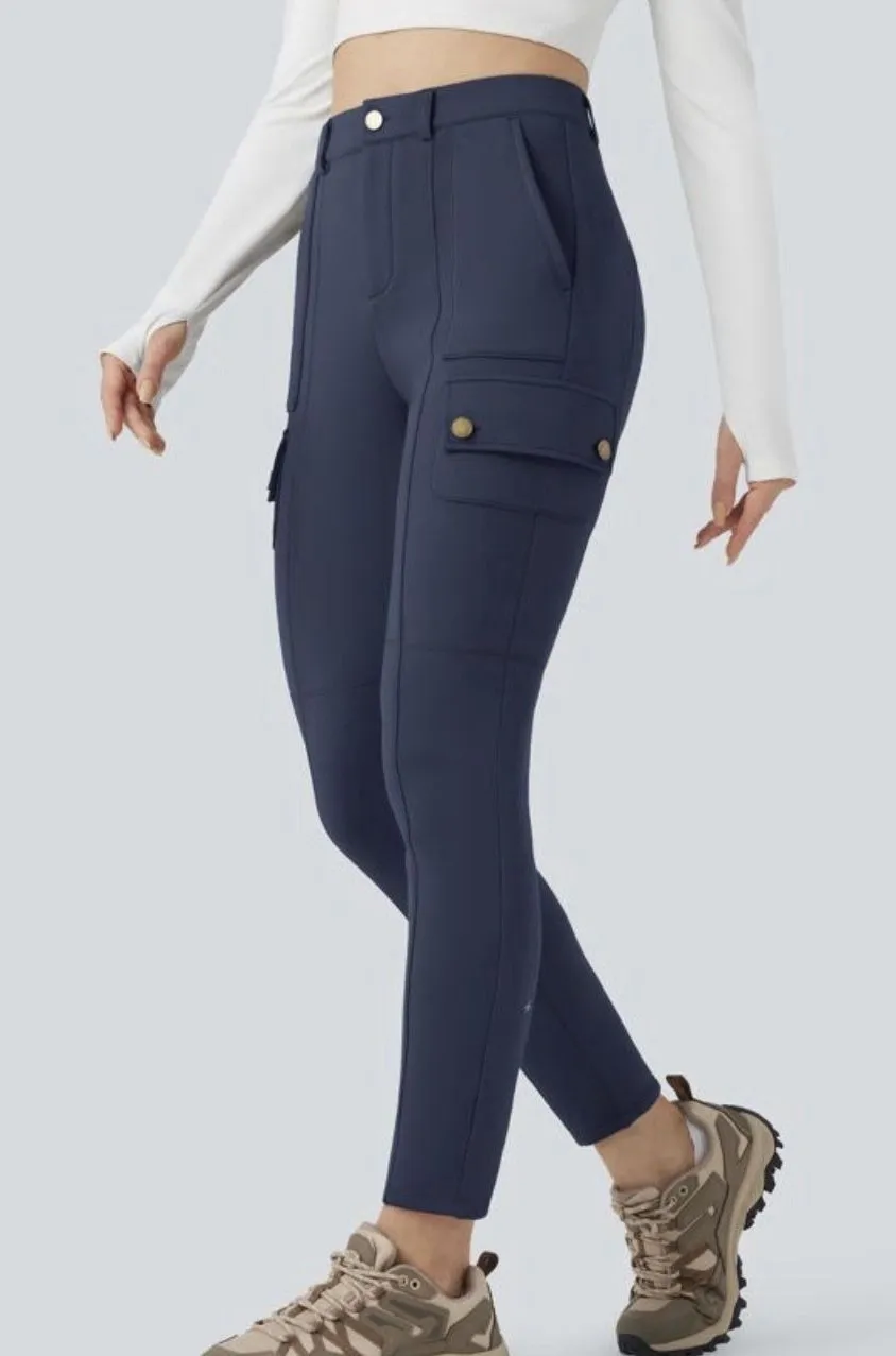 Halara Navy Blue High Waisted Cargo Leggings Hiking Pants Gold Button Accent