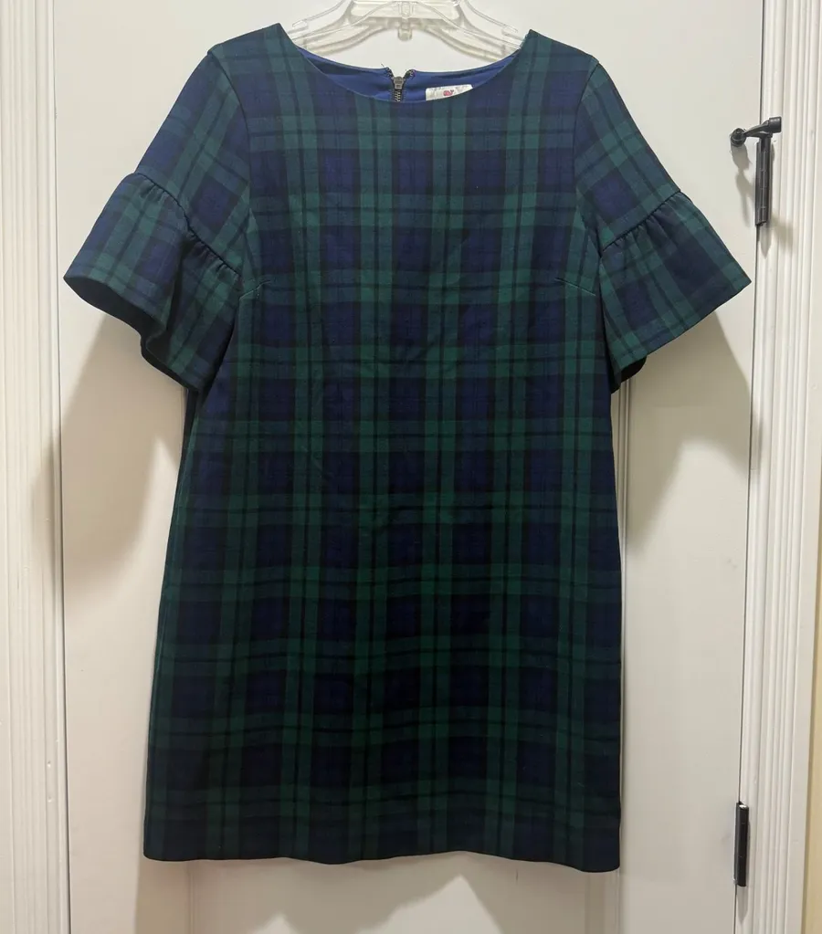 Vineyard Vines Black Watch Plaid Ruffle Sleeve Shift Dress Navy Green Size 6