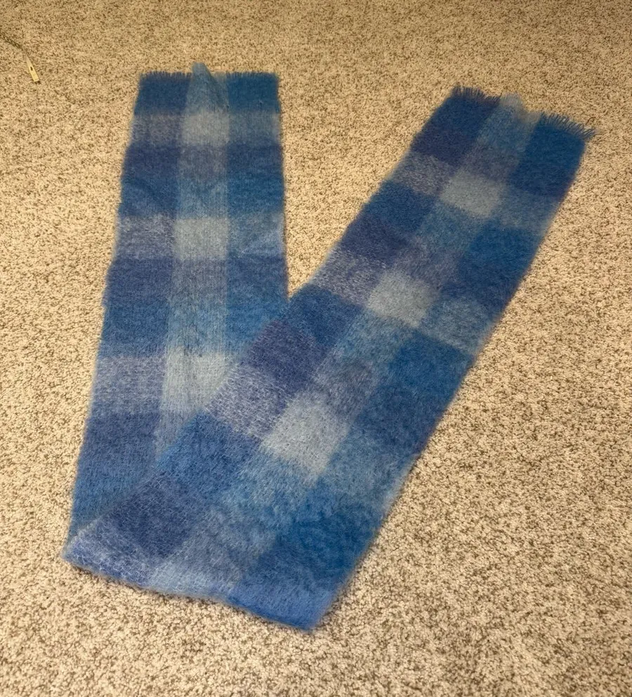 Foxford Blue Plaid Mohair Wool Blend Scarf Made in Ireland