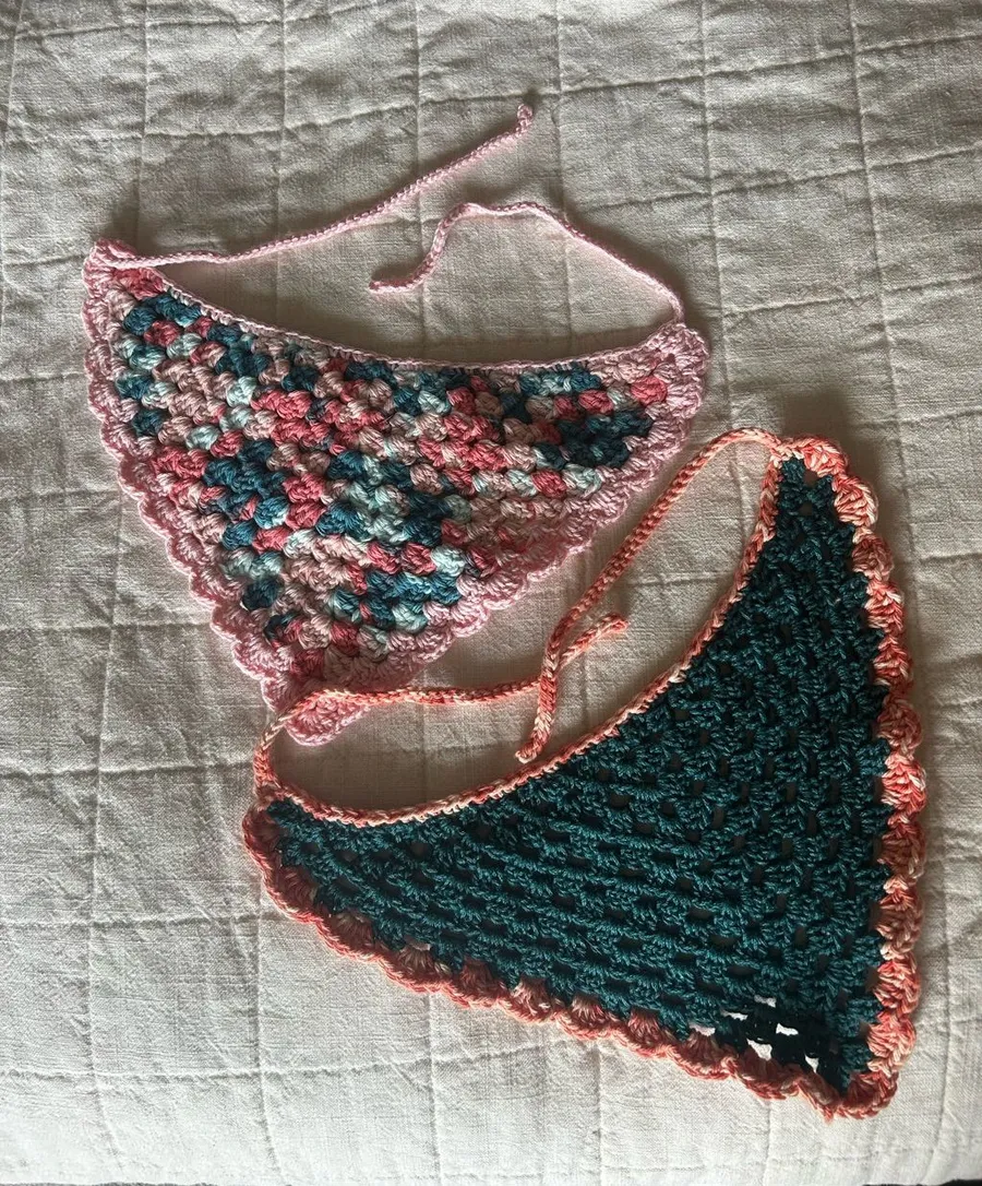 Handmade Crochet Triangle Hair Scarves — Pink & Teal