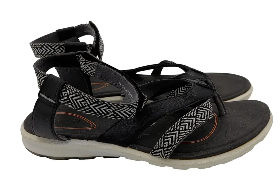 ECCO Cruise Sport Sandals Womens Black Leather Strappy Geometric Print 37 6-6.5