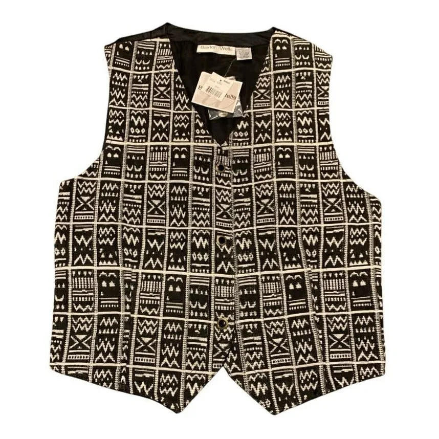 Vintage Baxter & Wells Geometric Tapestry Vest Small Black White Boho 90s NWT