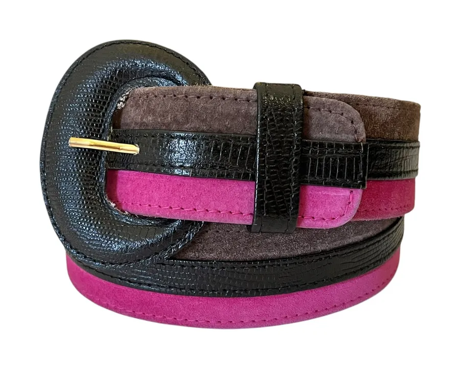 Vintage Jaeger Mod Striped Pink Brown Suede Black Leather Wide Belt - Size 30"