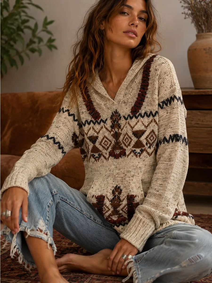 Free People Aztec South Western Brown Hooded Kangaroo Pocket Wool Blend Sweater